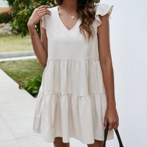 Lovely J Women’s Chic White Cream Ruffle Flutter Sleeve Layered Shift Mini Dress